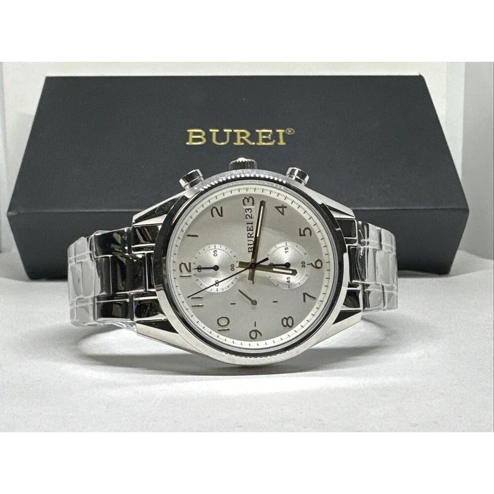 Burei B-7005 Men's Silver Stainless Steel Analog White Dial Quartz Watch XOB26